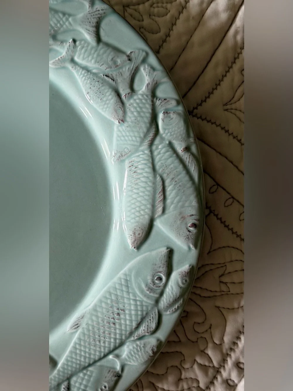 Set of Six Seaglass Blue Fish Motif Plates approximately 10” Diameter
